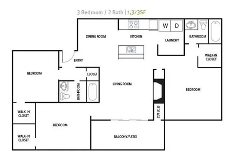 Floor plan for 3 beds, 2 baths, 1373 sqft